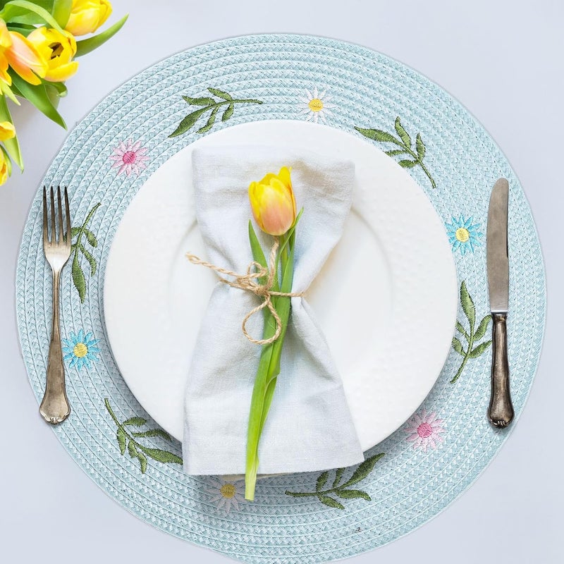 Whaline وايلين 4 قطع حصائر طاولة دائرية مزينة بأزهار الأقحوان لربيع الزهور حصائر طاولة مزينة بالأخضر للديكور في المنزل والمناسبات وحفلات الزفاف وحفلات استقبال المواليد وأعياد الميلاد - Image 4