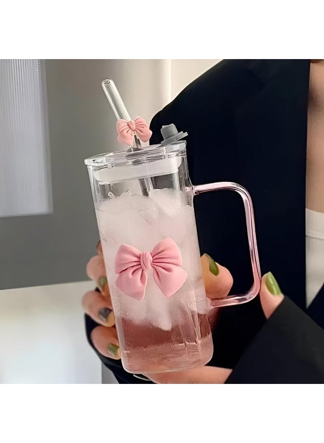 كيتشينو كوب زجاجي مربع برسومات على شكل فيونكة لطيفة مع غطاء وشفاطة ومقبض، مج شرب شفاف للعصير والقهوة المثلجة واللبن والشاي، للتقديم في عيد ميلاد البنات ، قطعة واحدة، وردي - Image 1