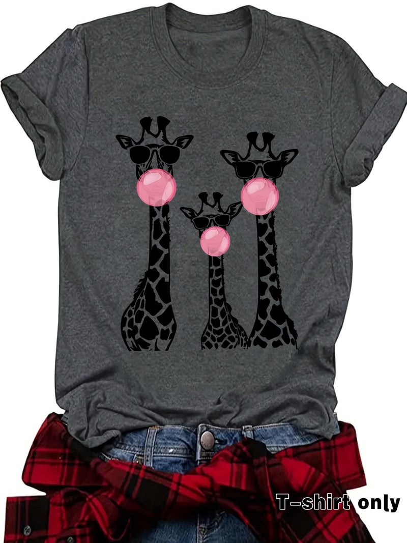 Independent Station Three Giraffe Printed Round Neck Loose Short Sleeve Plus Size T-Shirt - Image 2