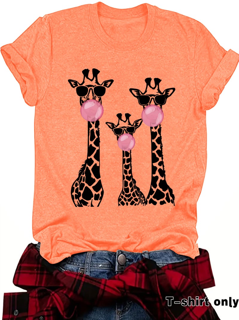 Independent Station Three Giraffe Printed Round Neck Loose Short Sleeve Plus Size T-Shirt - Image 3