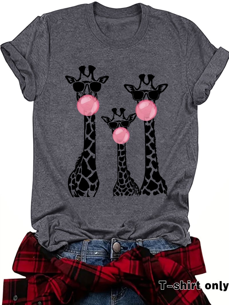 Independent Station Three Giraffe Printed Round Neck Loose Short Sleeve Plus Size T-Shirt - Image 1