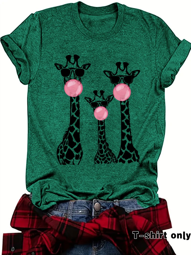 Independent Station Three Giraffe Printed Round Neck Loose Short Sleeve Plus Size T-Shirt - Image 5