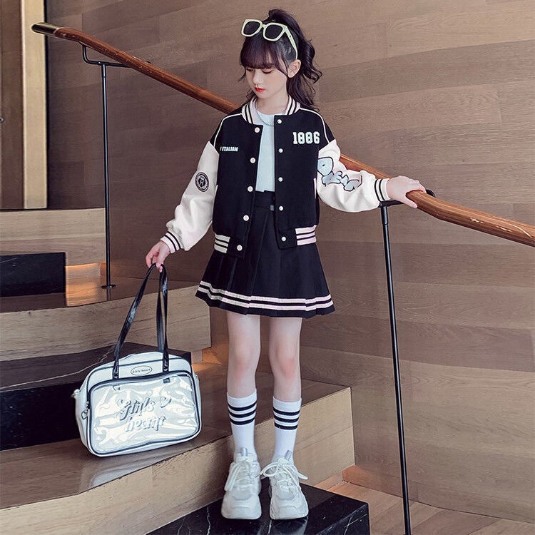 Girls Sporty Baseball Jacket  Pleated Skirt Set White suit [no package]]
