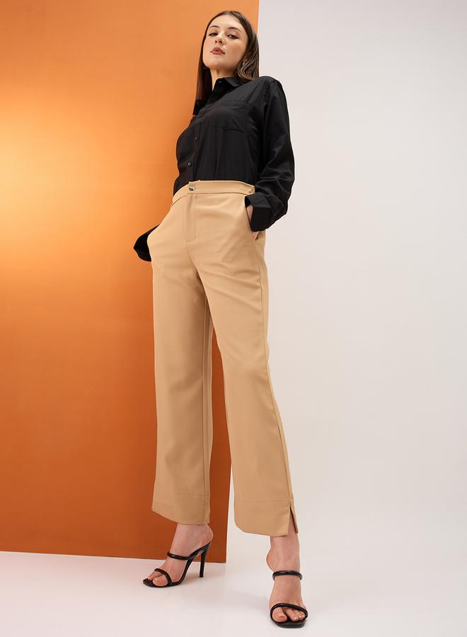 globus Khaki Solid Mid-Rise Relaxed Fit Trousers - Image 1