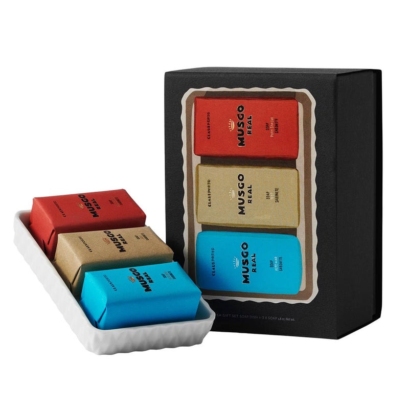 Claus Porto - Musgo Real 3 Mini Soaps + Soap Dish Gift Set | Rich, Smooth, Creamy Hand Soap | Handcrafted, Aromatic, Luxurious, House Warming Gift (50g each)