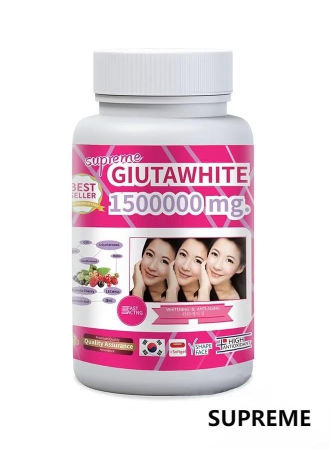 سوبريم العليا GlutaWhite Glutathione تبييض الجلد Softgel كبسولات، سريع العمل تبييض الجلد تعزيز مضادات الأكسدة، إزالة البقع الداكنة وندوب حب الشباب-Glutathione 1500000mg - 60 كبسولات المكمل الغذائي - Image 1