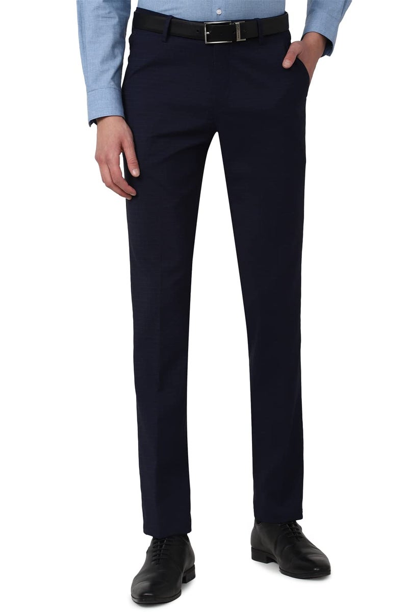 Peter England Men's Mid Rise Textured Everyday Signature Neo-Slim Fit Formal Trouser Dark Blue, 34 - Image 1