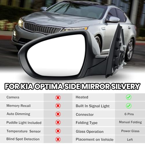 MOFOAP Driver Mirror Compatible with 2014 2015 Kia Optima Mirrors with Heated,Turn Signal Light,Power Glass,Manual Folding,Silvery (6 Pins) - Image 2