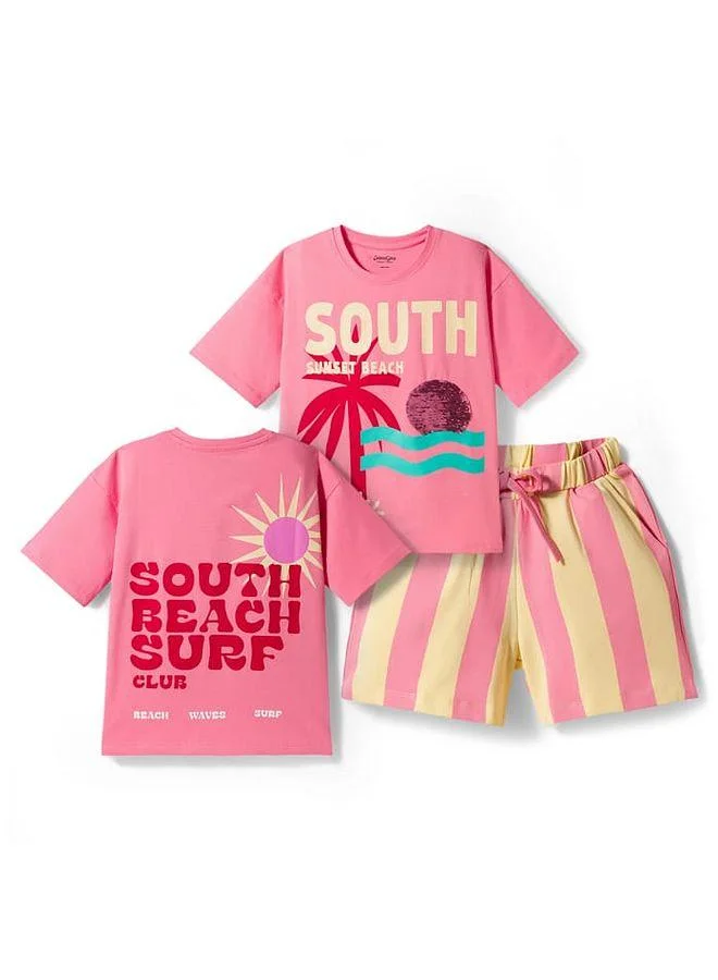 Primo Gino Primo Gino Cotton Knit Half Sleeves Oversized T-Shirt & Shorts set with Tropical Print & Reversible Sequins - Pink