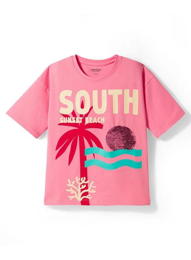 Primo Gino Primo Gino Cotton Knit Half Sleeves Oversized T-Shirt & Shorts set with Tropical Print & Reversible Sequins - Pink