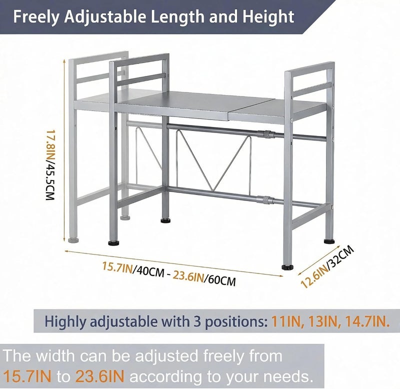 Pusdon Extendable Microwave Oven Rack, Adjustable Microwave/Toaster Shelf Heavy Duty Stand Kitchen Counter Top Organizer, 2 Tier with 3 Hooks, 160lbs Weight Capacity, Silver Grey - Image 5