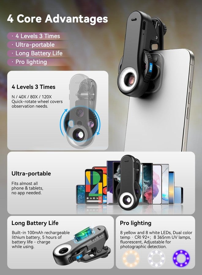 MIAO LAB Phone Microscope, 40x/80x/120x 3-in-1 Switchable Magnification Portable Microscope with LED UV Light CPL Lens for iPhone & Android Phone Zoom Lens Attachment for Plants/Coins/Jewelry - Image 3