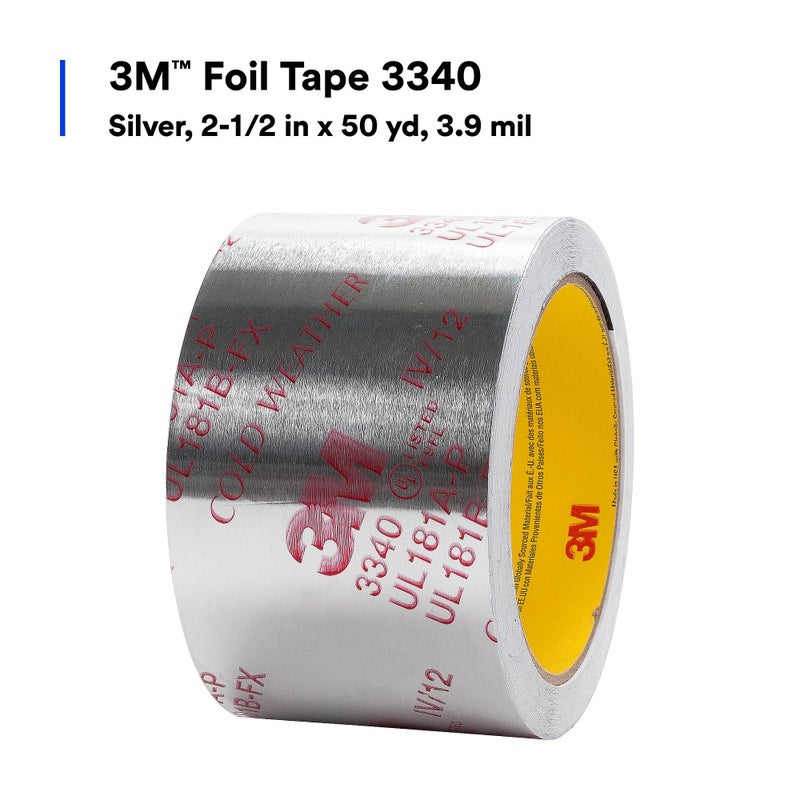 3M Aluminum Foil Tape 3340, 2.5" x 50 yd, 4.0 mil, Silver, HVAC, Sealing and Patching Hot and Cold Air Ducts, Fiberglass Duct Board, Insulation, Metal Repair - Image 3