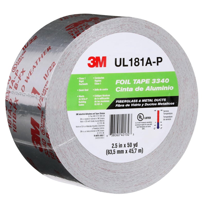 3M Aluminum Foil Tape 3340, 2.5" x 50 yd, 4.0 mil, Silver, HVAC, Sealing and Patching Hot and Cold Air Ducts, Fiberglass Duct Board, Insulation, Metal Repair - Image 2