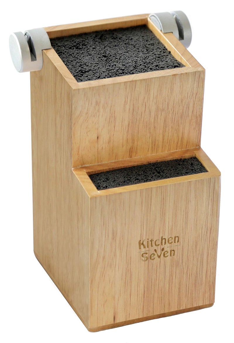 Bamboo Universal Knife Block Knife Holder with 2 BuiltIn Knife Sharpeners 2Tiered Modern Knife Storage Up to 16 Large and Small Knives Easy Clean Wooden Knife Organizer by Kitchen Seven