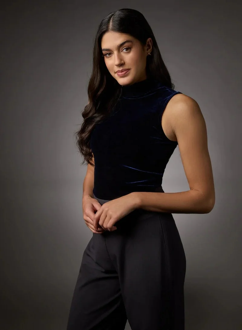 Zigzag High Neck Sleeveless Velvet Top-Navy Blue