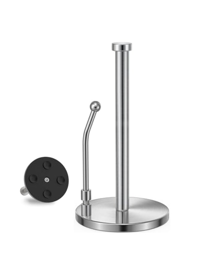 Paper Towel Holder, Paper Towel Dispenser Standing Weighted Base Non Slip, Spring Arm for Easy Tear, Stainless Steel Paper Towel Holder for Home Kitchen Countertop Tabletop (Silver)  - Image 1