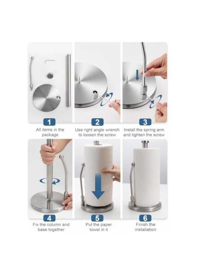 Paper Towel Holder, Paper Towel Dispenser Standing Weighted Base Non Slip, Spring Arm for Easy Tear, Stainless Steel Paper Towel Holder for Home Kitchen Countertop Tabletop (Silver)  - Image 4