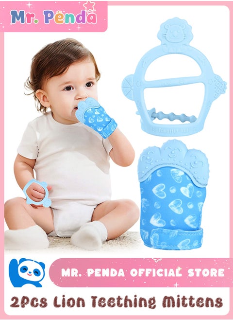 2Pcs Silicone Teething Mitten Set, Baby Teething Toy with Lion & Hearts Pattern, Toddler Teething Gloves with Adjustable Strap, Crinkle Sound, Self Soothing Baby Chew Toys for Infants (Blue)