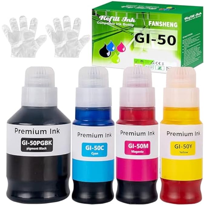 GI50 GI51 GI-50 GI-51 INK COMPATIBLE WITH CANON GI 50 51 INK BOTTLES FOR PIXMA G1520 G1560 G2520 G2560 G3520 G3560 G2570 G1530 G5050 G7050 G605 G60 PRINTER (4 PACK BK/C/M/Y) - Image 1