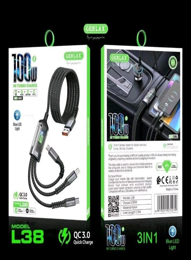 جيرلاكس كابل شحن سريع USB 3 في 1 يدعم أسلاك شحن فائقة السرعة بقدرة 100 وات، شاحن هاتف عالمي، سلك شاحن متعدد للهواتف المحمولة والأجهزة اللوحية والمزيد، كابل شاحن سريع مجدول من النايلون بطول 1.8 متر - Image 1