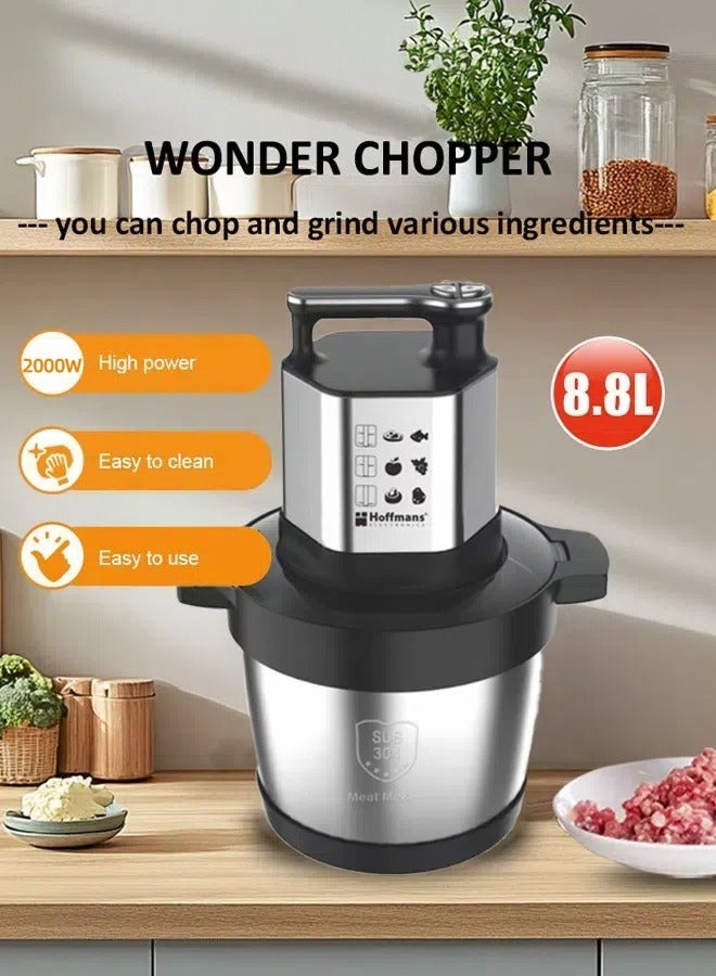 Hoffman's Appliance مفرمة لحم بائية 4 سرعات 8.8 لتر ، مفرمة كهربائية 2000 وات ، مفرمة خضروات متعددة الوظائف من الفولاذ المقاوم للصدأ للاستخدام العائلي والطفل، HM-8879 ، فضي / أسود - Image 2