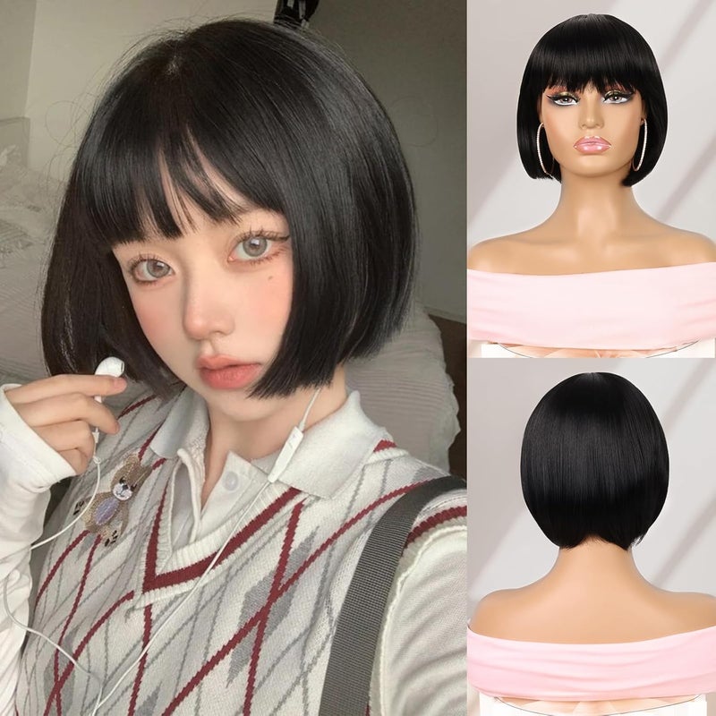 Creamily Short Bob Hair Wig for women Full head natural Ladies Short Bob cut Wigs for women Full head Korean style Blunt cut Cute hair wig Black 9 Inch - Image 1