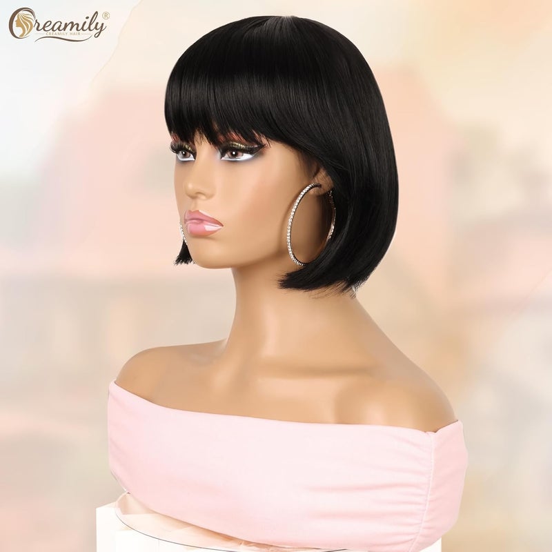 Creamily Short Bob Hair Wig for women Full head natural Ladies Short Bob cut Wigs for women Full head Korean style Blunt cut Cute hair wig Black 9 Inch - Image 3
