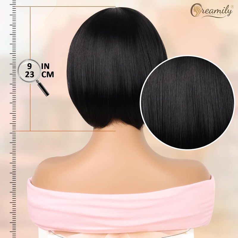 Creamily Short Bob Hair Wig for women Full head natural Ladies Short Bob cut Wigs for women Full head Korean style Blunt cut Cute hair wig Black 9 Inch - Image 5