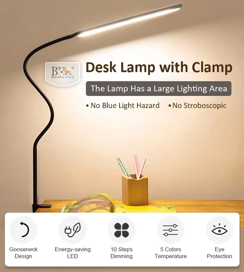 BROLAVIYA Overhead Flexible LED Long Desk Lamp Light with Metal Clamp, 3 Modes, 10 Brightness, Eye-Caring, Long Flexible Gooseneck, for Home, Office, Desktop,Bedroom, Reading, Study lamp etc, Black - Image 3