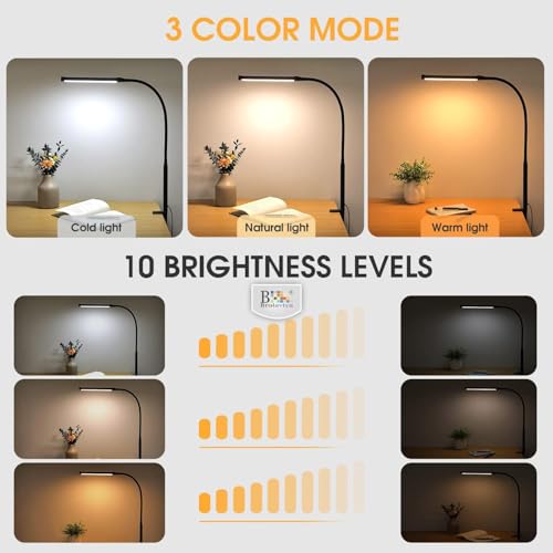 BROLAVIYA Overhead Flexible LED Long Desk Lamp Light with Metal Clamp, 3 Modes, 10 Brightness, Eye-Caring, Long Flexible Gooseneck, for Home, Office, Desktop,Bedroom, Reading, Study lamp etc, Black - Image 2