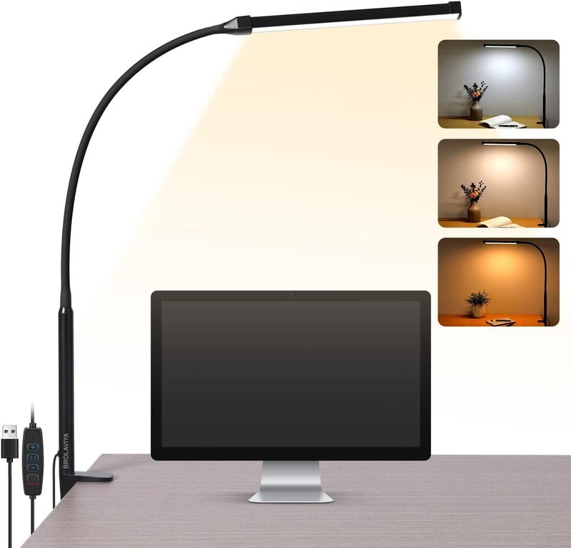 BROLAVIYA Overhead Flexible LED Long Desk Lamp Light with Metal Clamp, 3 Modes, 10 Brightness, Eye-Caring, Long Flexible Gooseneck, for Home, Office, Desktop,Bedroom, Reading, Study lamp etc, Black - Image 1