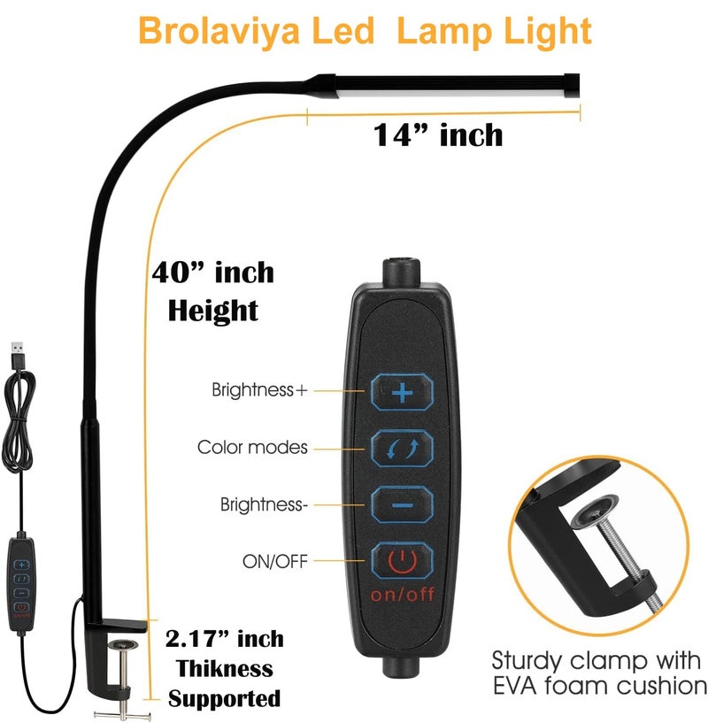 BROLAVIYA Overhead Flexible LED Long Desk Lamp Light with Metal Clamp, 3 Modes, 10 Brightness, Eye-Caring, Long Flexible Gooseneck, for Home, Office, Desktop,Bedroom, Reading, Study lamp etc, Black - Image 5