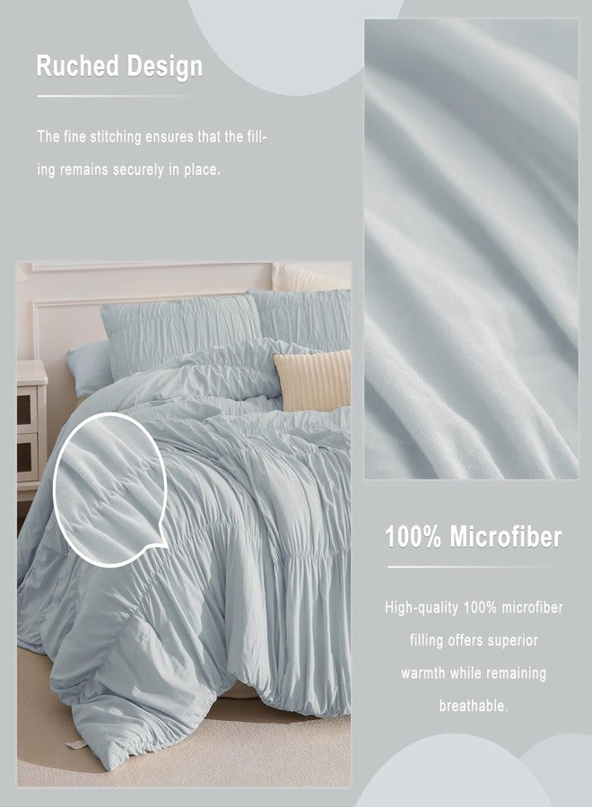 Masaca Comforter Set for Queen Bed(90"x95"),3 Pieces Shabby Boho Chic Queen Bedding Set Ultra Soft Lightweight Ruched Ruffle Comforter（1 Light Blue Comforter+2 Pillowcases） - Image 4