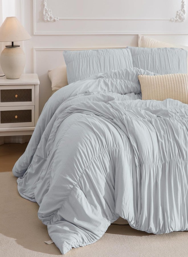Masaca Comforter Set for Queen Bed(90"x95"),3 Pieces Shabby Boho Chic Queen Bedding Set Ultra Soft Lightweight Ruched Ruffle Comforter（1 Light Blue Comforter+2 Pillowcases） - Image 1