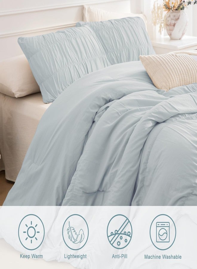 Masaca Comforter Set for Queen Bed(90"x95"),3 Pieces Shabby Boho Chic Queen Bedding Set Ultra Soft Lightweight Ruched Ruffle Comforter（1 Light Blue Comforter+2 Pillowcases） - Image 2
