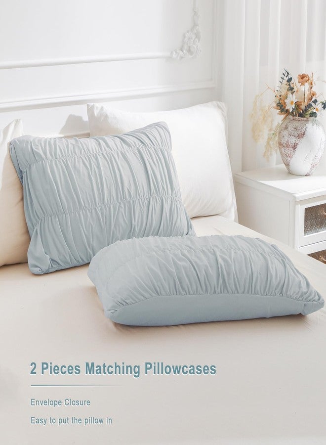 Masaca Comforter Set for Queen Bed(90"x95"),3 Pieces Shabby Boho Chic Queen Bedding Set Ultra Soft Lightweight Ruched Ruffle Comforter（1 Light Blue Comforter+2 Pillowcases） - Image 5