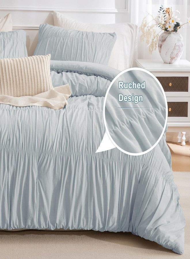 Masaca Comforter Set for Queen Bed(90"x95"),3 Pieces Shabby Boho Chic Queen Bedding Set Ultra Soft Lightweight Ruched Ruffle Comforter（1 Light Blue Comforter+2 Pillowcases） - Image 3