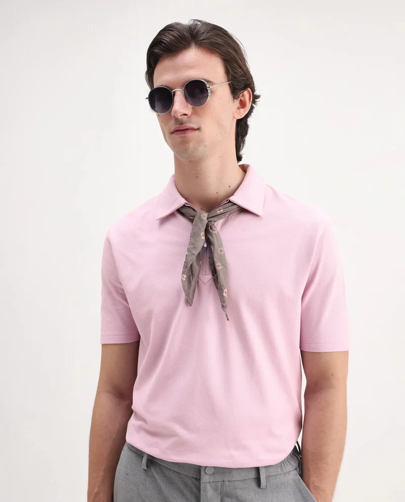 Rare Rabbit Rare Rabbit Men Ski Light Pink Cotton Blend Fabric Short Sleeve Regular Collared Zipper Closure Plain Polo