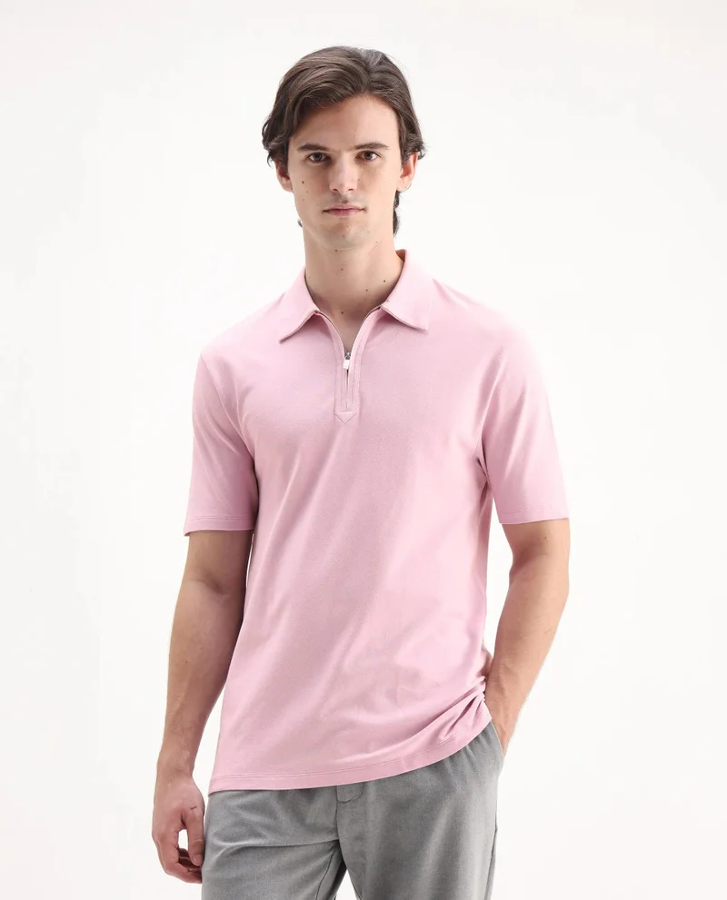 Rare Rabbit Men's Regular Fit Zipper Closure Solid Polo