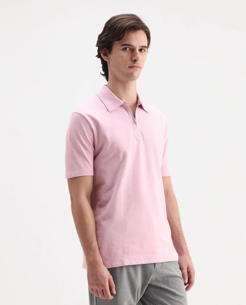 Rare Rabbit Men's Regular Fit Zipper Closure Solid Polo
