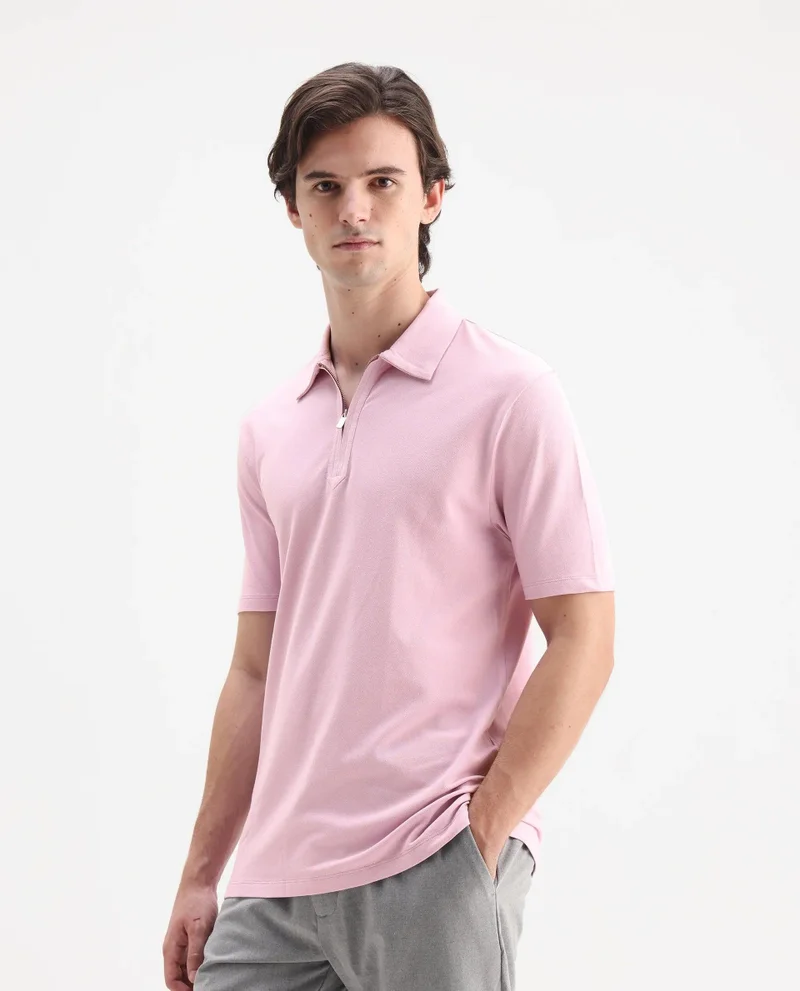 Rare Rabbit Men's Regular Fit Zipper Closure Solid Polo