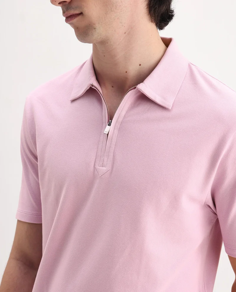 Rare Rabbit Men's Regular Fit Zipper Closure Solid Polo