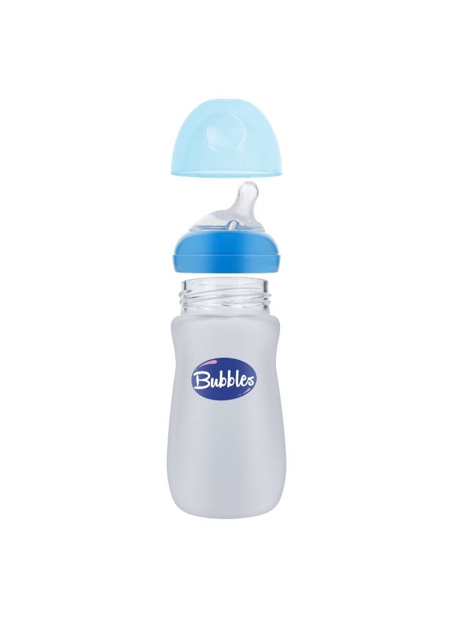 Bubbles Glass Baby Feeding Bottle 280ml with Tilted Silicone Nipple, Anti-Colic Design, BPA-Free, Easy Grip, Safe Glass Bottle for Newborns and Infants (Blue) - Image 4