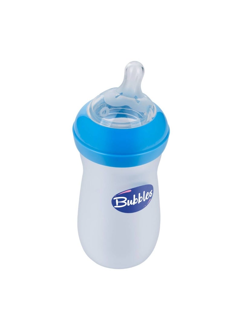 Bubbles Glass Baby Feeding Bottle 280ml with Tilted Silicone Nipple, Anti-Colic Design, BPA-Free, Easy Grip, Safe Glass Bottle for Newborns and Infants (Blue) - Image 1