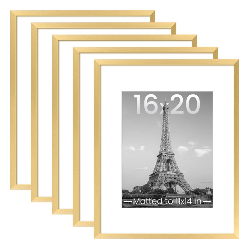 upsimples 16x20 Picture Frame Set of 5 Display Pictures 11x14 with Mat or 16 x 20 Without Wall Gallery Poster Frames Gold