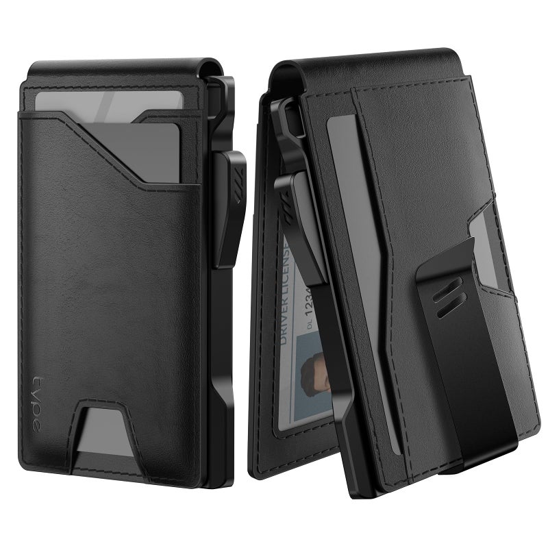typecase Tactical Wallet for Men Card Holder: Pop Up Card Case, Genuine Leather, Smart, RFID Blocking, Slim, Minimalist, Thin, Front Pocket - 9-13 Card Capacitiy, ID Window, Money Clip (Black) - Image 1