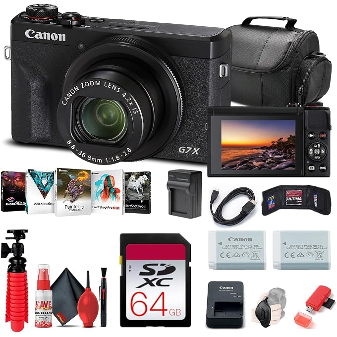 Canon PowerShot G7 X Mark III Camera & Camera Bag Tripod (Black) Bundle | For Photography & Video | Digital Camera + 64GB Memory Card + Card Reader + Charger + Photo Software (3637C001) + More - Image 1