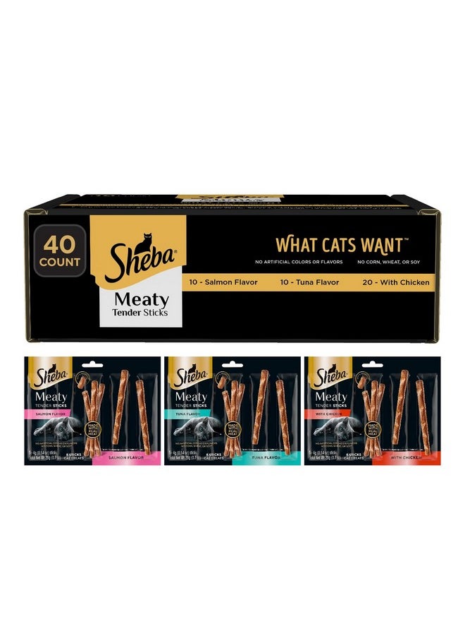 Sheba Sheba Meaty Tender Sticks Soft Cat Treats with Chicken, Tuna Flavor, and Salmon Flavor, 0.14 oz., 40 Count  - Image 1