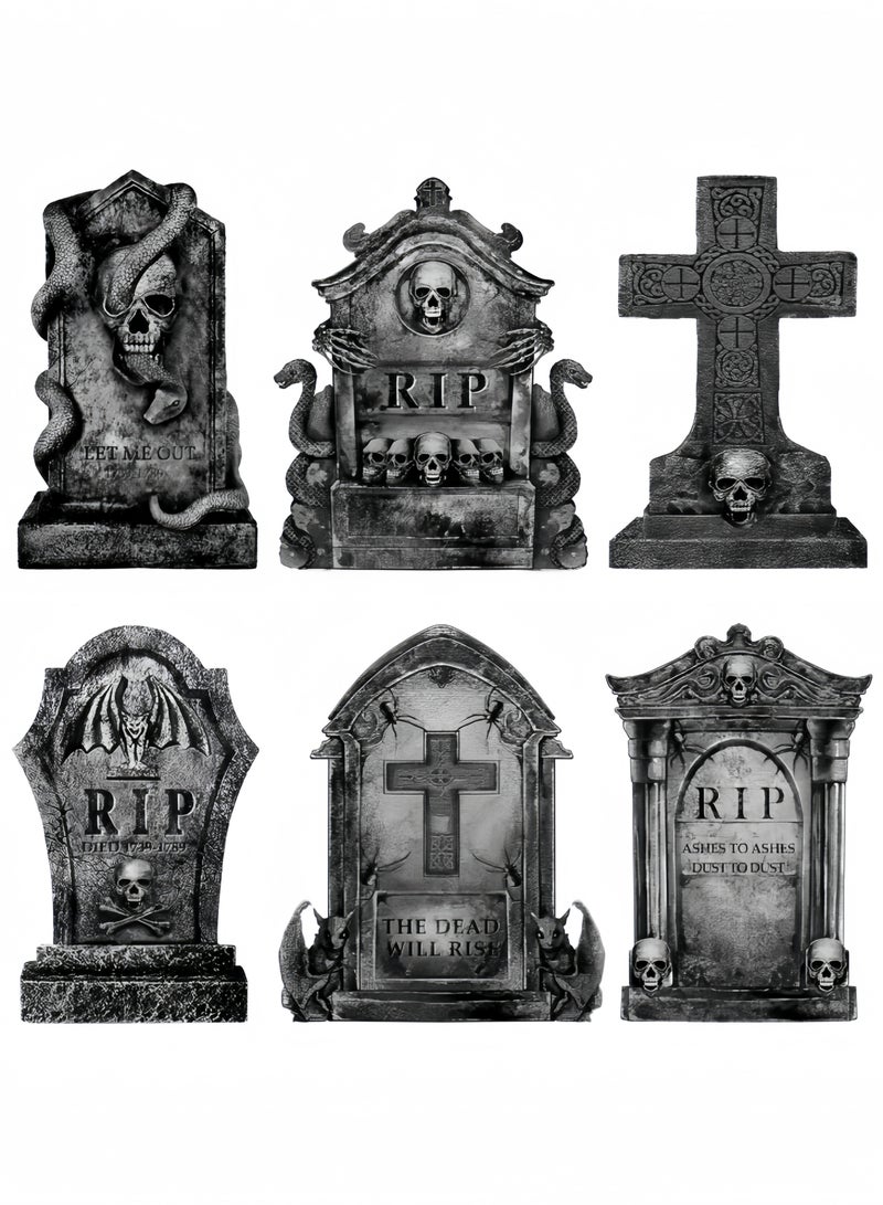 GGEROU Halloween Graveyard Decorations Outdoor, 6Pcs Tombstones Halloween Decor Yard Signs with Stakes, 35cm Tall Realistic Scary RIP Skeleton Headstones Yard Lawn Outside - Image 2